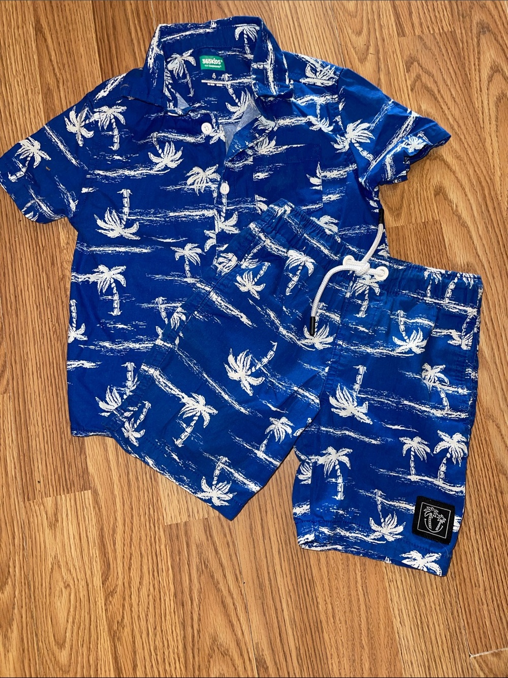 Kids Blue Palm-Print Swim Shirt & Trunk Set